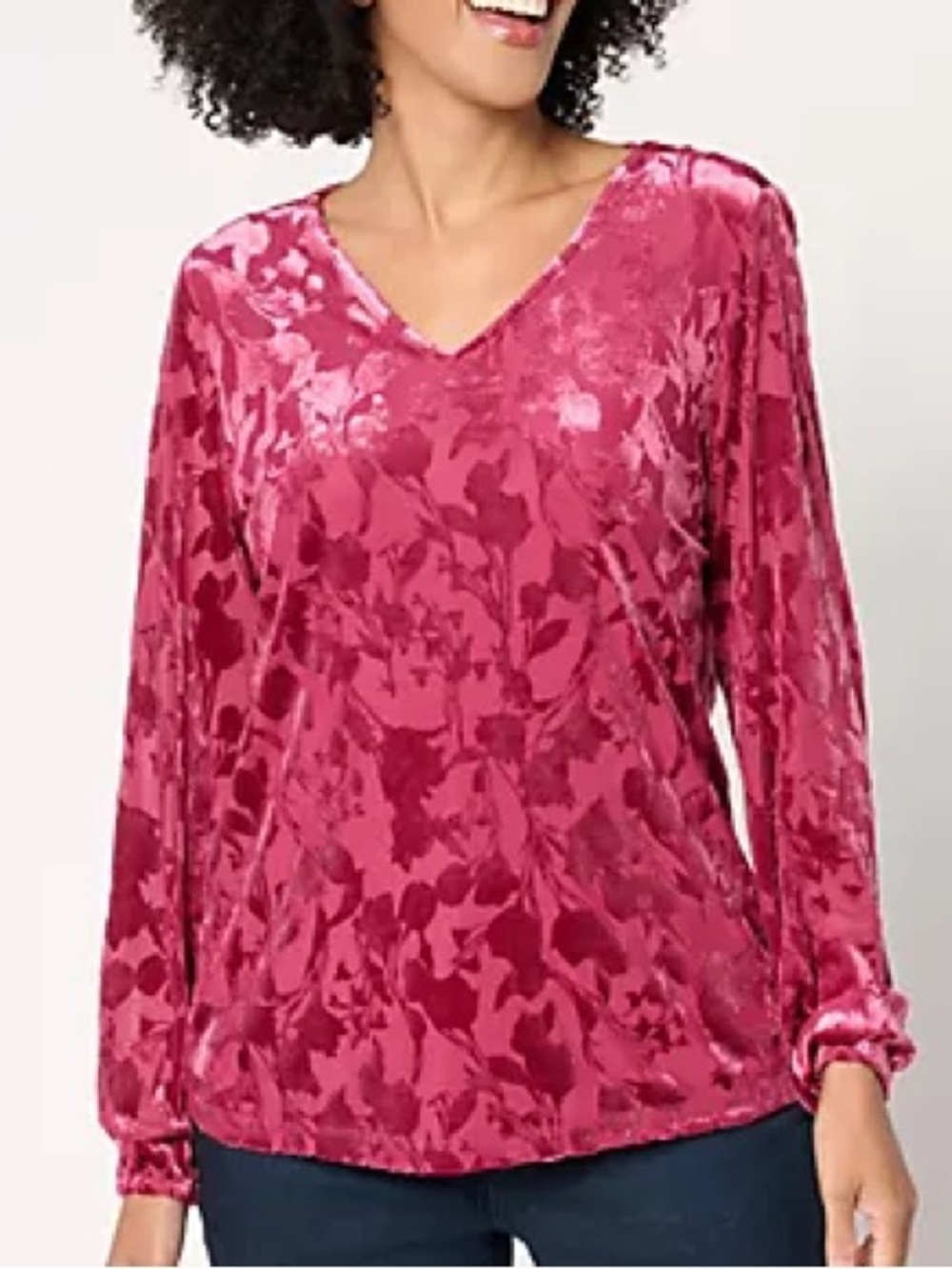 Denim & Co. Women M Deep Berry V-Neck Floral Burnout Velvet Long Sleeve Blouse